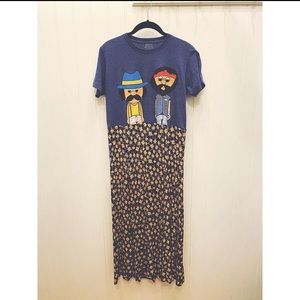 SOLD Handmade T-Shirt dress Cheech & Chong w/ floral rayon crinkle maroon skirt